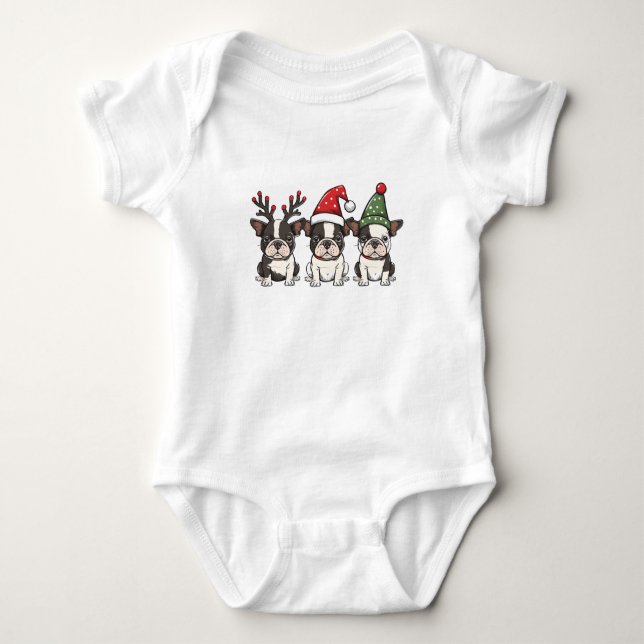 Body Para Bebê Feliz Natal - Boston Terrier Dogs (Frente)