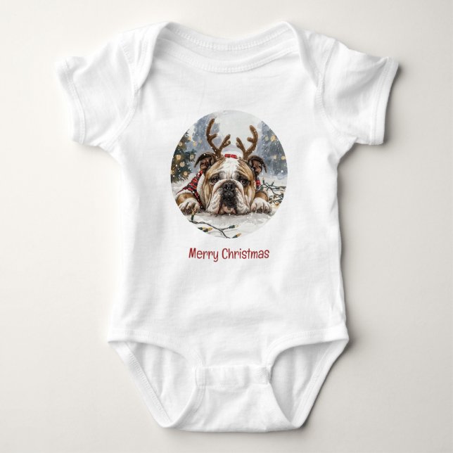Body Para Bebê Feliz Natal - Bulldog Reindeer (Frente)