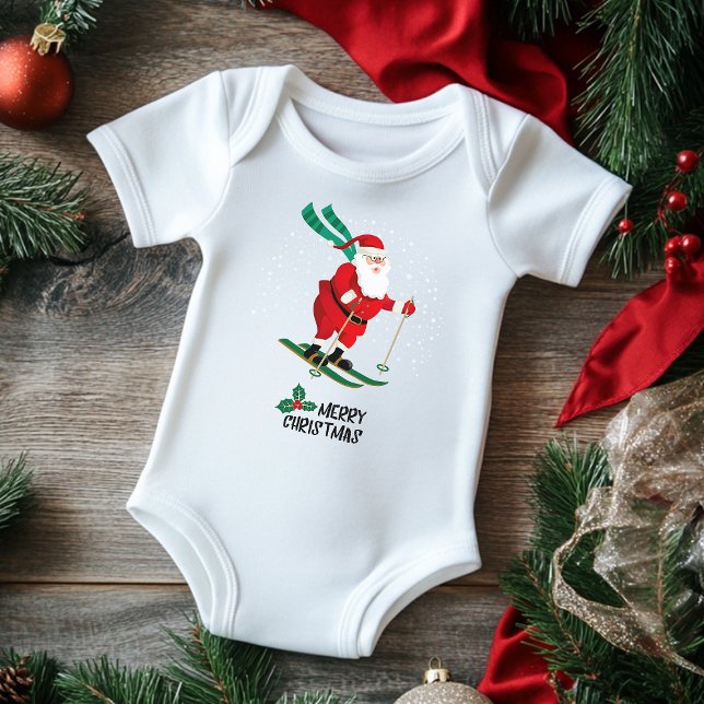 Body Para Bebê Feliz Natal Esquiando Papai Noel Férias de inverno (Criador carregado)