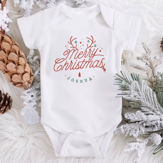 Body Para Bebê Feliz Natal Nome da Família Reindeer Holiday (Merry Christmas Family Name Reindeer Holiday Baby Bodysuit)