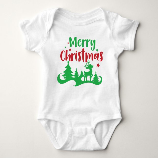 Body Para Bebê Feliz Natal, Reindeer, Árvore de Natal, Estrelas (Frente)