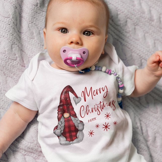 Body Para Bebê Feliz Natal Rustic Gnomo na Xadrez de Buffalo Verm (Designed on front and back.)