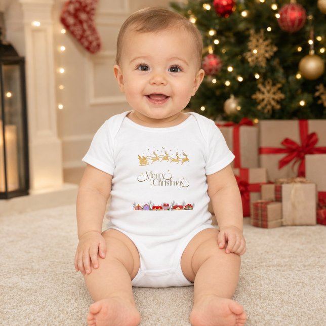 Body Para Bebê Feliz Natal Trenó do Papai Noel e Vila (Criador carregado)