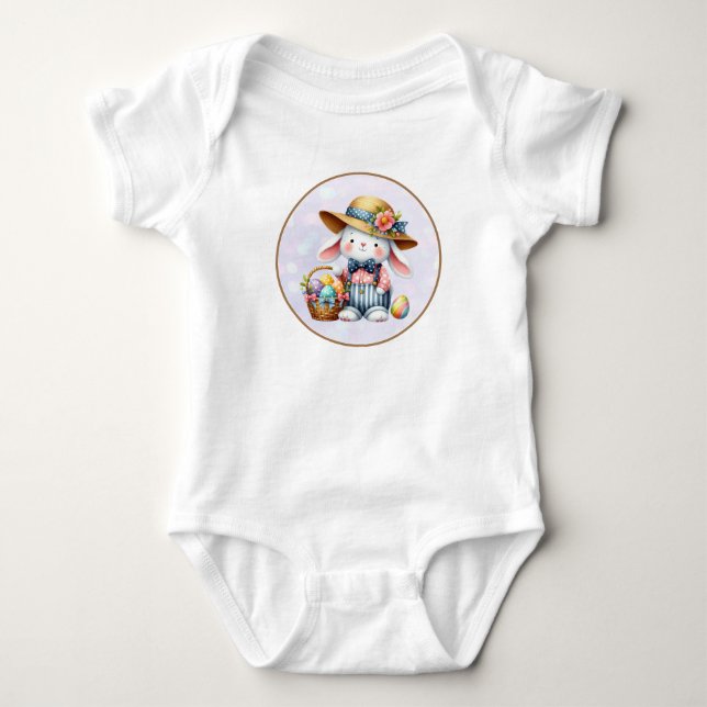 Body Para Bebê Feliz Páscoa Com Coelhinho Fofo, Ovos e Floral (Frente)
