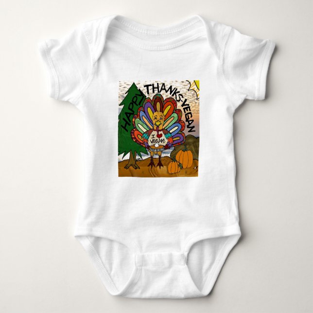 Body Para Bebê Felizes Obrigados Vegan Ação de Graças Turquia (Frente)