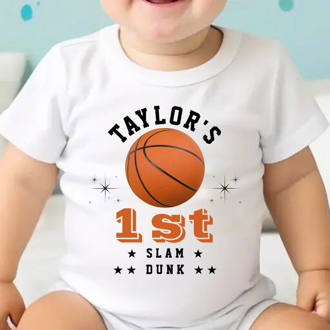 Body Para Bebê Festa de Aniversário de 1 ano com Enterro de Basqu (Basketball Slam Dunk 1st Birthday Party Parent Baby Bodysuit)