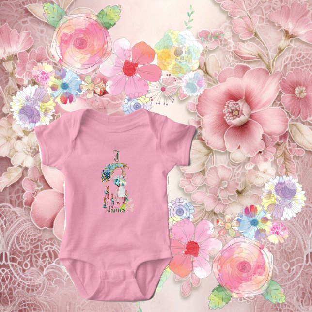 Body Para Bebê Filha Engraçada Mãe Páscoa Monograma Floral Monogr (Funky Baby Mom Easter Bunny Floral Monogram Custom Baby Bodysuit)