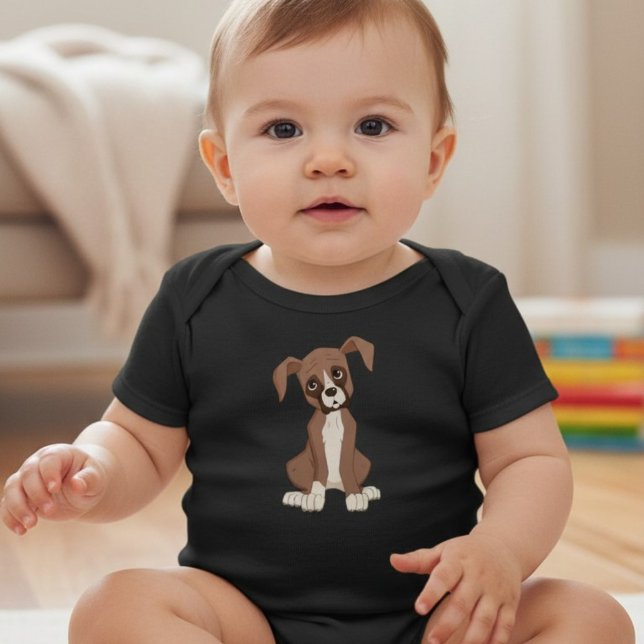 Body Para Bebê Filhote de boxer (A baby wearing a cartoon boxer puppy portrait onesie in black, perfect for dog loving families.)