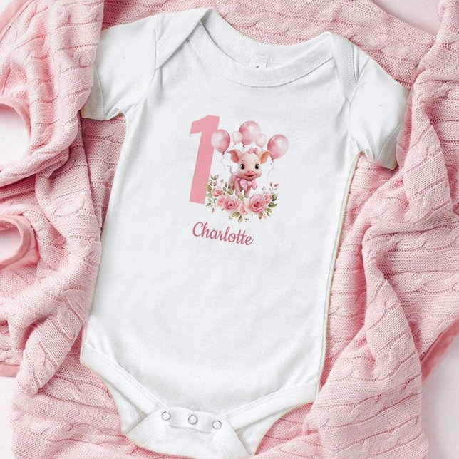 Body Para Bebê Fita-branca-rosa-rosada primeiro aniversario-bebê- (Cute piglet Pink 1st Birthday Girl Baby Bodysuit)