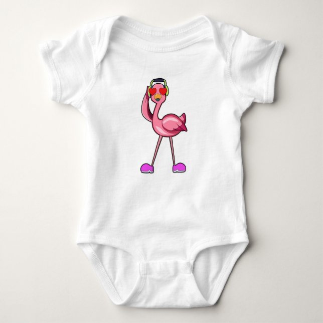 Body Para Bebê Flamingo com Fone de Ouvido e Corações (Frente)