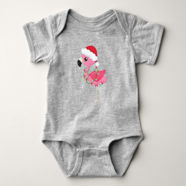 Body Para Bebê Flamingo de Natal, Chapéu Santa, Luzes de Natal (Frente)