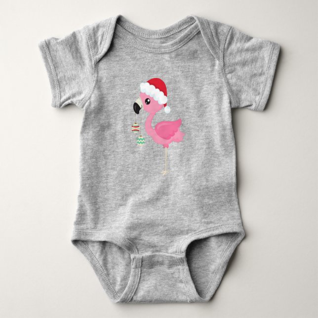 Body Para Bebê Flamingo de Natal, Santa Hat, Enfeites de natal (Frente)