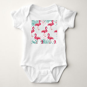 Body Para Bebê Flamingo tropical e folhas, padrão de verão.
