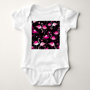 Body Para Bebê flamingos cor-de-rosa, padrão sem costura escuro.