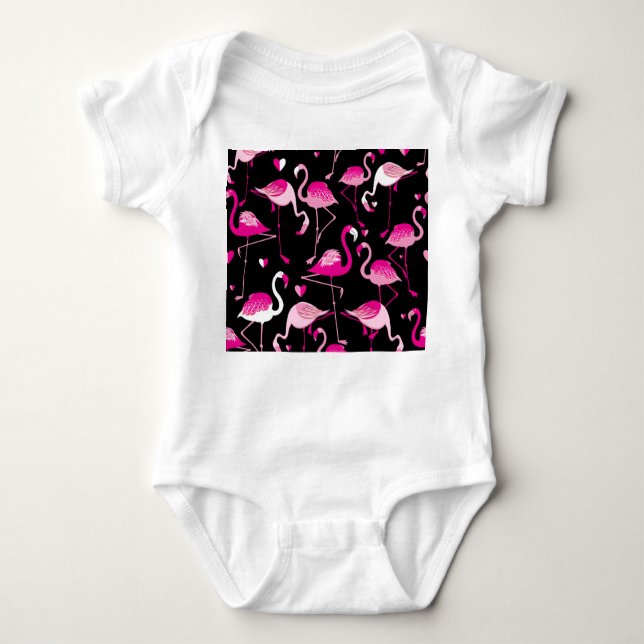 Body Para Bebê flamingos cor-de-rosa, padrão sem costura escuro. (Frente)