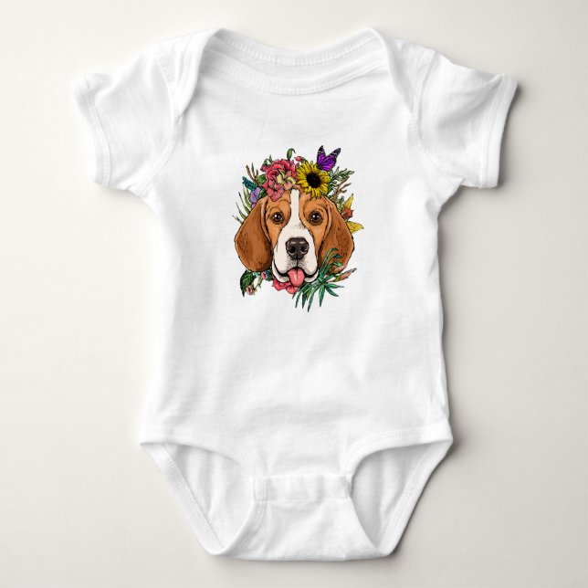 Body Para Bebê Flor Botânica Floral Beagle/ Beagle Cute (Frente)