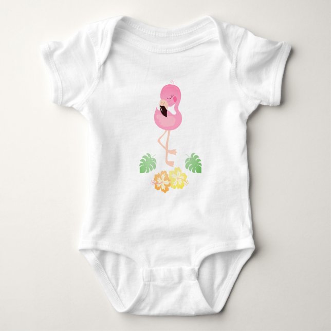 Body Para Bebê Flor Tropical Flamingo Watercolor Rosa (Frente)