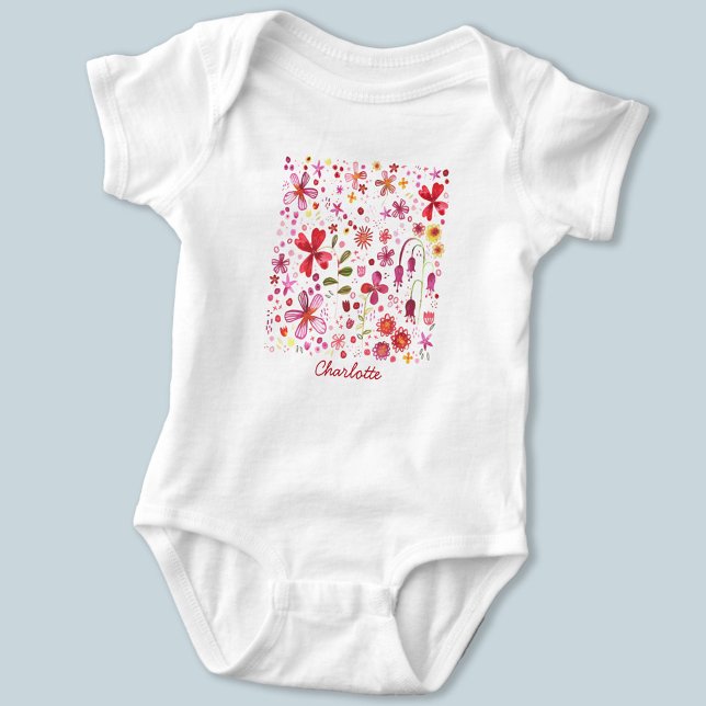 Body Para Bebê Floral Moderna Personalizada (Watercolor floral modern personalized name baby bodysuit)