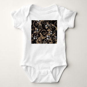 Body Para Bebê Flores clássicas barrocas: fundo negro.