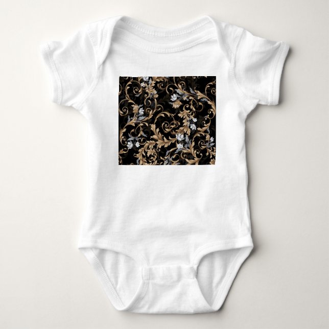 Body Para Bebê Flores clássicas barrocas: fundo negro. (Frente)