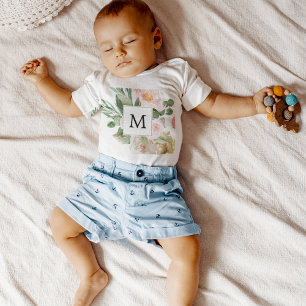 Body Para Bebê Flores Cor-de-Rosa Aquarela Moderna Monogramada 