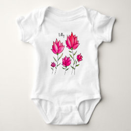 Body Para Bebê Flores Cor-de-Rosa Tinta Arte Nome Aquarela
