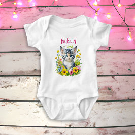 Body Para Bebê Flores de Gatinhos de Aquarelas Personalizadas