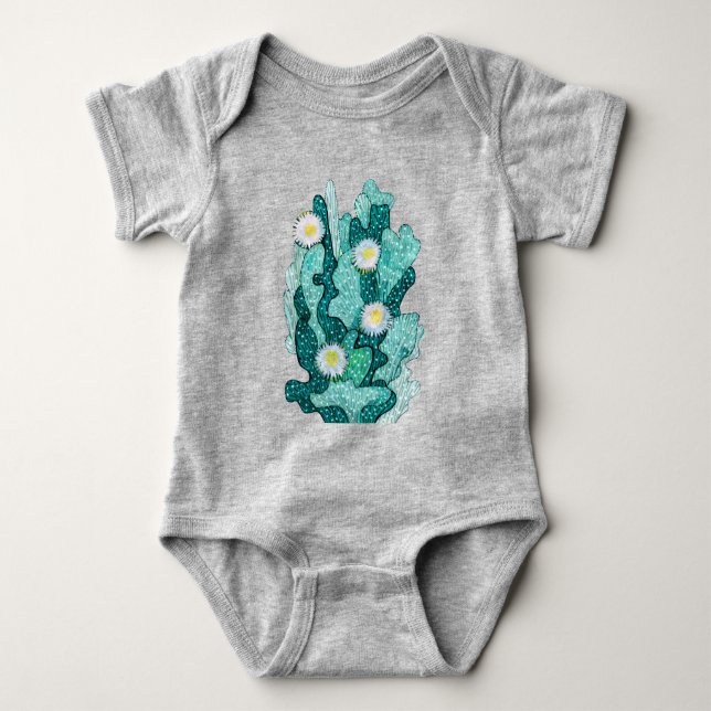 Body Para Bebê Flores De Suculência De Cactus Flores Turquesa Flo (Frente)
