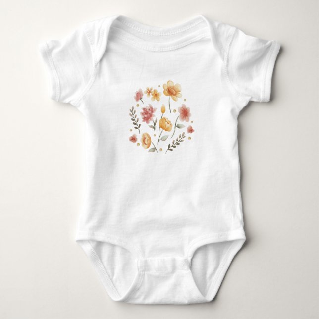 Body Para Bebê Flores e folhas de cor d'água (Frente)