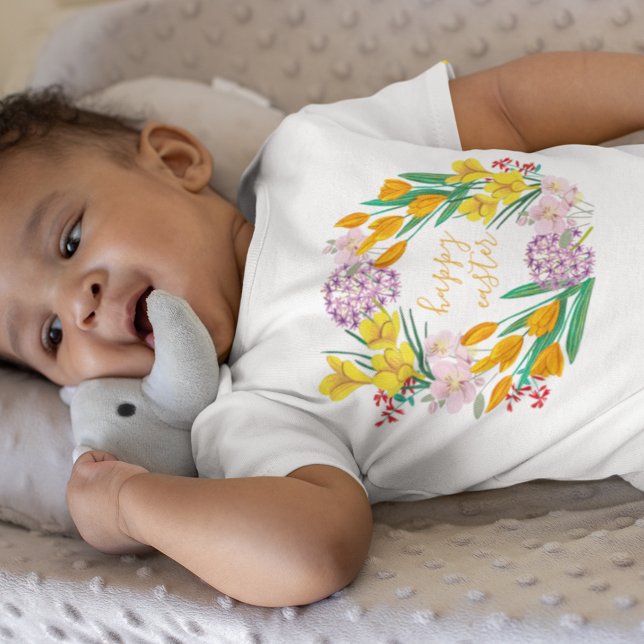 Body Para Bebê Flores modernas de primavera amarelas e verdes fel (Criador carregado)
