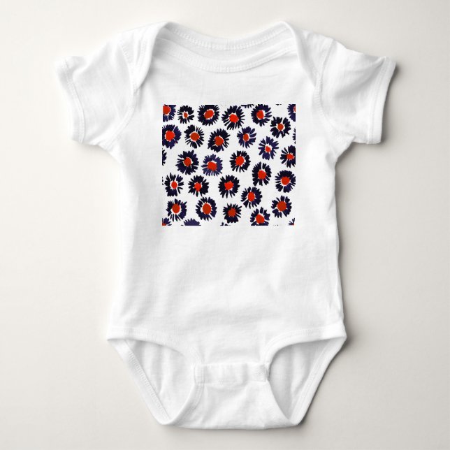 Body Para Bebê Flores pintadas à mão, padrão vermelho e azul. (Frente)