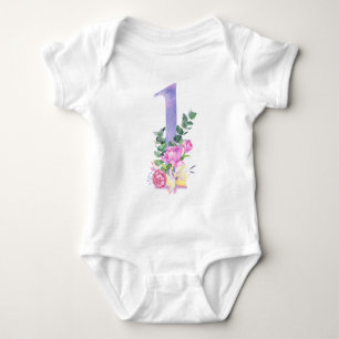 Body Para Bebê Flores roxas número primeiro aniversário