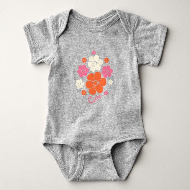 Body Para Bebê Flower Pattert Cute - Rosa, Laranja e Creme (Frente)