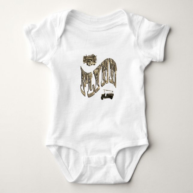 Body Para Bebê Flynn Nome, Com Caminhões de Bombeiros, (Frente)