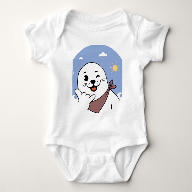 Body Para Bebê Foca Piscando de Lenço na Cabeça Fazendo Sinal de  (Frente)