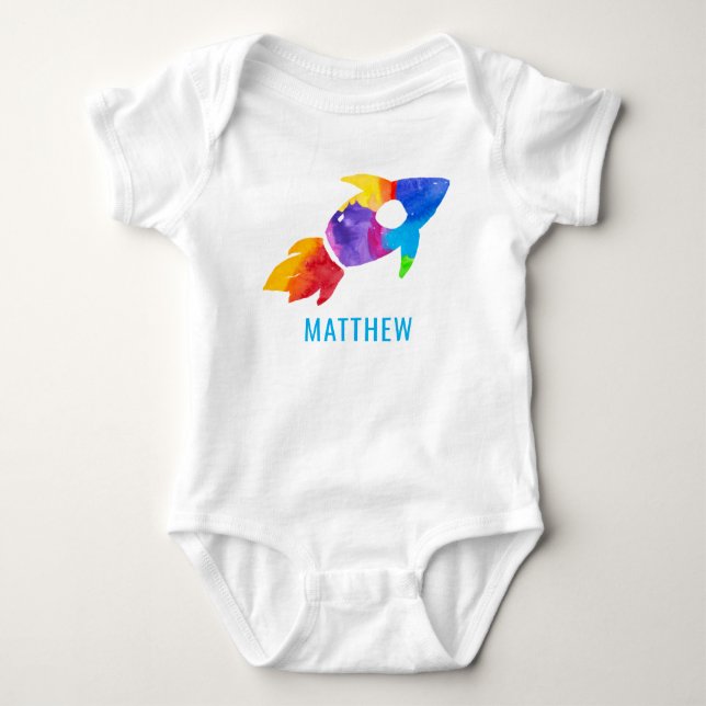 Body Para Bebê Foguete Arco-Íris Aquarela Espaço Exterior Criança (Frente)