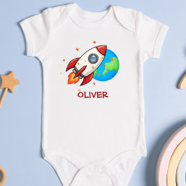 Body Para Bebê Foguete Vermelho Fofo no Espaço