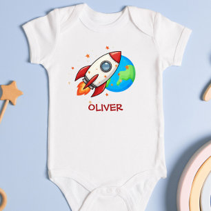 Body Para Bebê Foguete Vermelho Fofo no Espaço