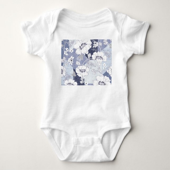 Body Para Bebê Folheto de flores de Denim, padrão perfeito. (Frente)