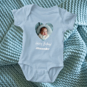 Body Para Bebê Foto coração nome aniversário azul menino