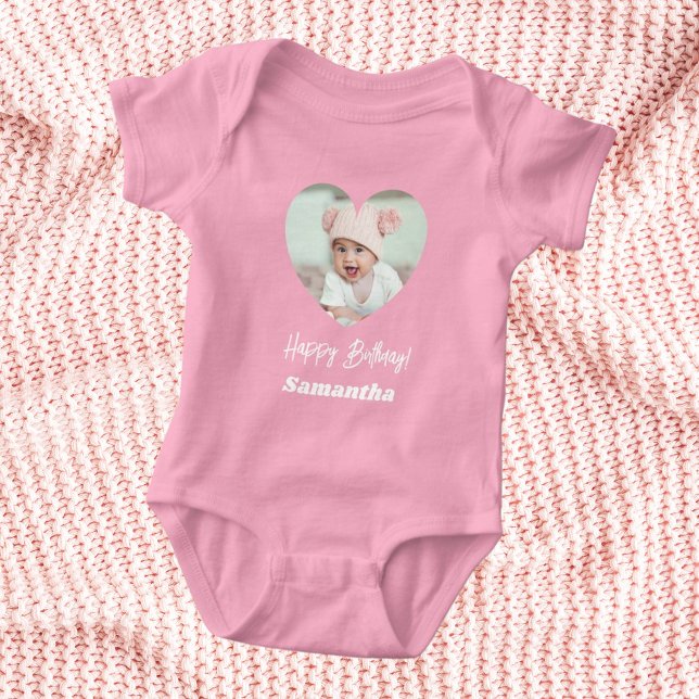 Body Para Bebê Foto coração nome aniversário menina rosa (Criador carregado)