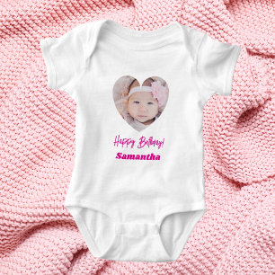 Body Para Bebê Foto coração nome aniversário menina rosa