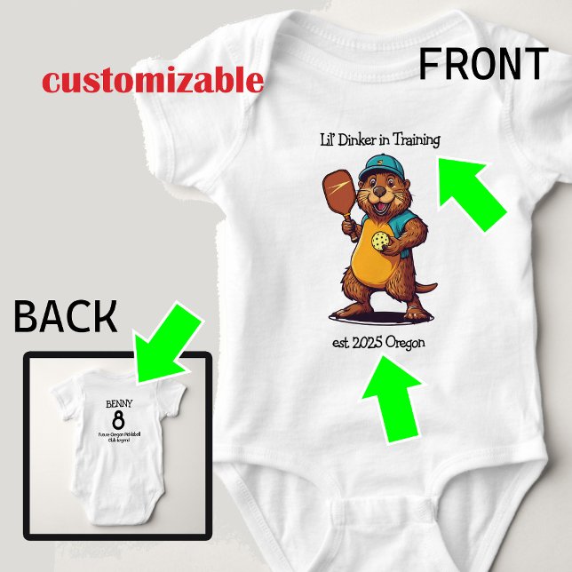 Body Para Bebê Funny Beaver Pickleball (Funny and cute pickleball beaver for babies, future pickleballers, custom text back and front)