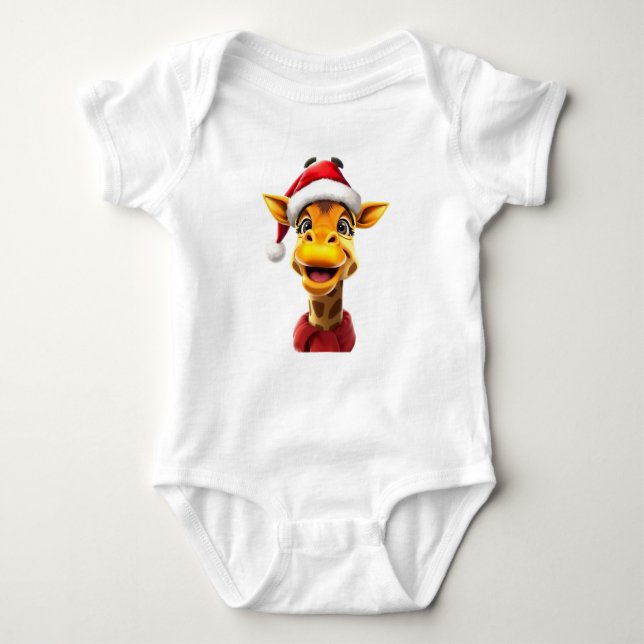 Body Para Bebê Funny giraffe wearing a Santa hat (Frente)