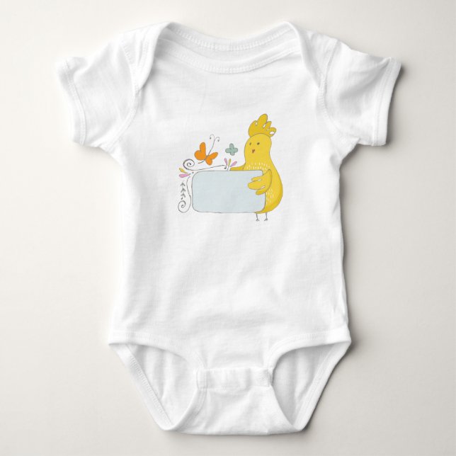 Body Para Bebê Galinha de Cartoon com Flores e Borboletas (Frente)