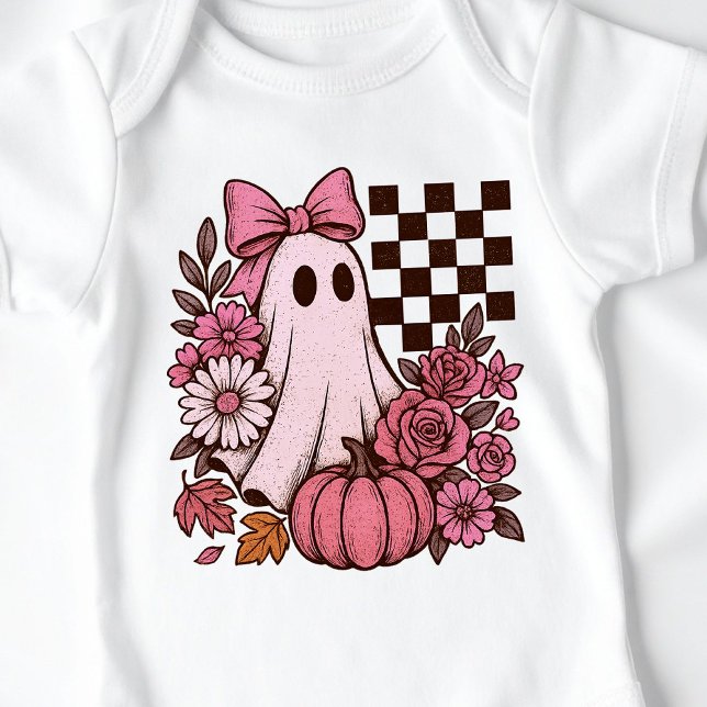 Body Para Bebê Garota Fantasma Coquete Rosa Retrô com Laço Hallow (This coquette ghost retro Halloween design combines floral sweetness with spooky spirit.)