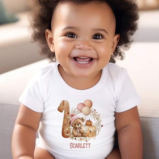 Body Para Bebê Garota primeiro aniversario de Urso de Queda (Teddy Bear Fall Beary 1st Birthday Girl Baby Bodysuit)