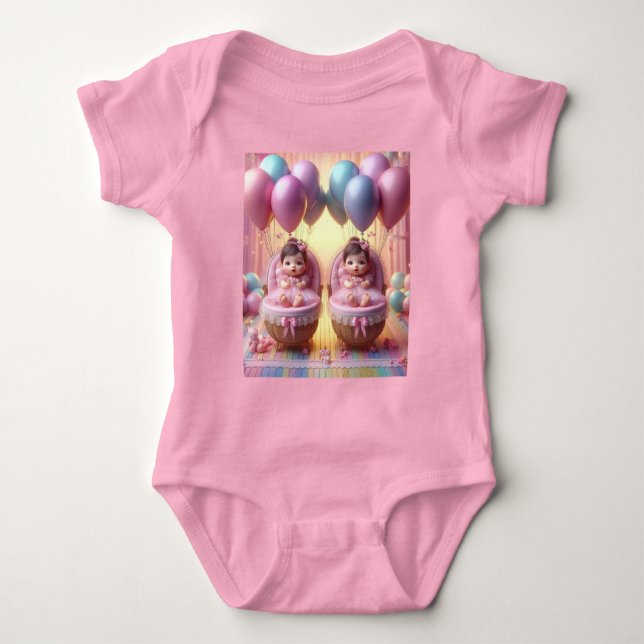 Body Para Bebê Garotas Gêmeas Nos Balões de Pastel e Fitas (Frente)
