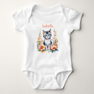 Body Para Bebê Gatinho Cinza Personalizado em Flores Rosa