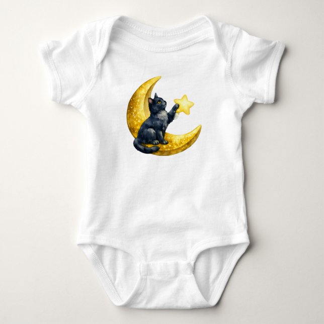 Body Para Bebê Gatinho Preto em Aquarela na Lua Crescente para Be (Frente)